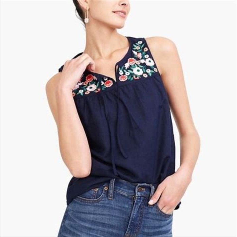J Crew Linen Sleeveless Embordered Lined Navy blue Top - Lined Women's Small
